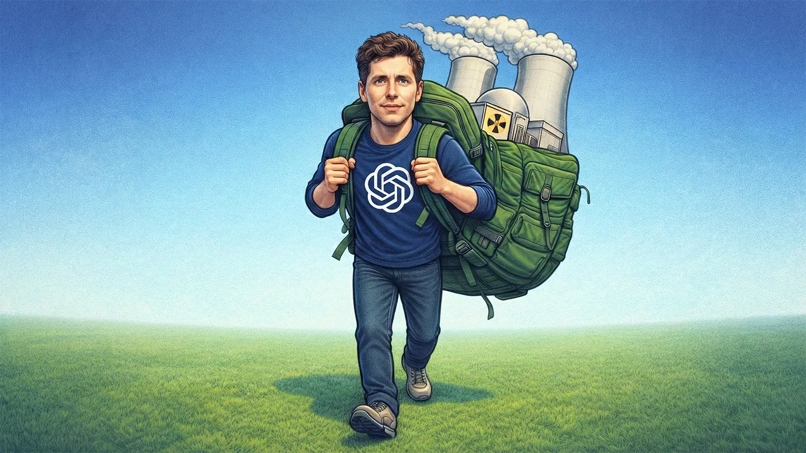 Sam Altman mit einem Atomkraftwerk im Rucksack